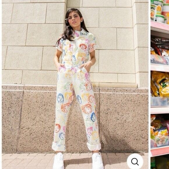 NWT My Little Belleville Bowie Rainbow Printed Faces Utility Jumpsuit Cream S - Picture 1 of 4